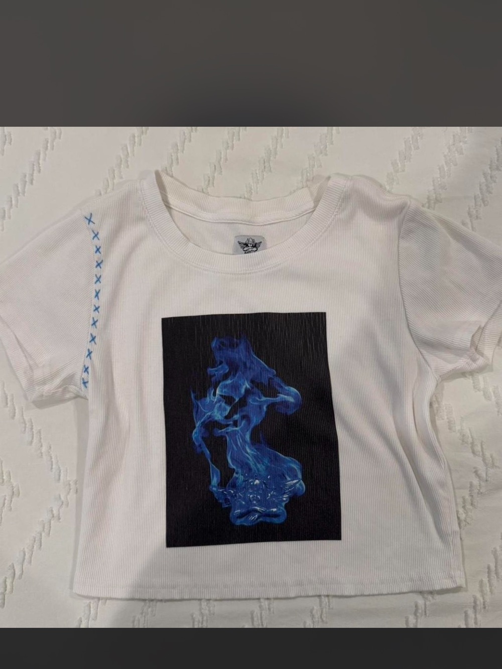 White Short Sleeve Tee with Blue Flame Graphic